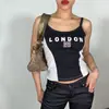 Nuevo Top Azul de Verano/Primavera Europeo y Americano, Delgado, Ajustado, Estampado de Letras, Y2K, Camiseta de Verano para Mujer con Ombligo al Aire, Sexy Transfronterizo
