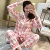 Corea Estilo Coreano ins Cuadros Pijama de Primavera y Otoño para Mujer Pantalones de Manga Larga Cárdigan Traje Lindo de Dibujos Animados Ropa de Casa Comercio Exterior