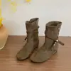 Hebilla Estilo Coreano Adelgazante Tacón Botas de Moda Diarias Color Sólido Punta Redonda Botines Botas de Media Caña Botas Otoño Invierno Retro Correa de Cuero Media