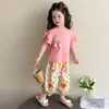 Conjunto para Meninas 2026 Verão Novo Infantil Manga Curta Calça Anti-Mosquito Roupas de Verão Estilosas Roupa Fina de Bebê Duas Peças
