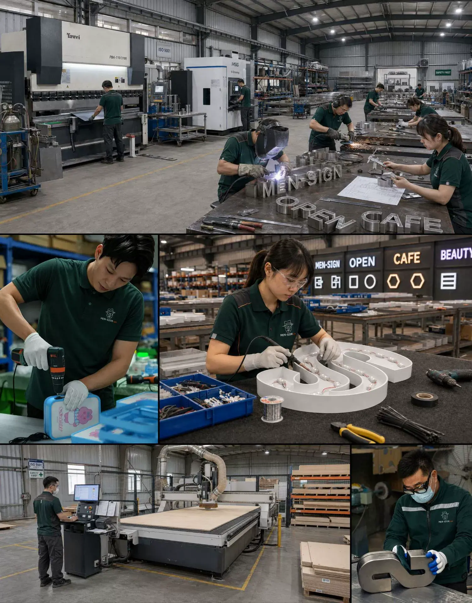 MEN-SIGN展示柜与货架车间工序拼图，包含板材加工、喷涂、装配与预装｜Workshop collage of retail display manufacturing