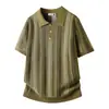 Camisa polo de malha estilo italiano retrô com mangas curtas, padrão vazado em forma de losango de cor contrastante, camiseta de manga curta respirável e fresca para homens