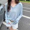 Foto Real de Camiseta de Manga Longa com Proteção Solar Fina de Linho Tencel Azul para Mulheres, Novo Modelo Verão 2025, Top Liso 85978