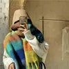 Bufanda para Mujer Otoño e Invierno Estilo Coreano Nuevo Estilo Europeo y Americano Engrosada de Moda Hilo Circular Cuadros Arcoíris Cálida para el Cuello Moda