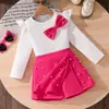 Conjunto para Menina Roupas Infantis Transfronteiriças Moda Nova Outono e Inverno 2025 Top de Manga Longa com Laço Grande para Menina com Calça Saia de Miçangas