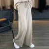 Pantalones de diseño para mujer de punto de cintura alta, color liso, con flecos deshilachados, corte ancho, holgados, adelgazantes, estilo coreano, para ir al trabajo, de pierna ancha, hasta el suelo