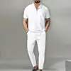 Traje Fresco de Color Sólido para Hombre Estilo Europeo y Americano Primavera y Otoño 2026 Cuello Waffle Manga Corta Cremallera Pantalón Largo Verano Fresco