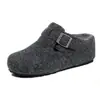 Sapatos Peludos Estilo Birkenstock Femininos com Solado Grosso para Outono e Inverno, Altura 7cm, com Adição de Lã para Aquecimento, Pantufas de Algodão com Bico Fechado, Sapatos de Algodão de Inverno