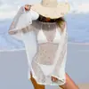 Blusa Tejida Transparente con Aberturas y Lentejuelas 2026 Más Vendida, Tallas Europeas y Americanas, Cuello Redondo, Manga Larga, Cubre-traje de Playa