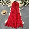 Vestido de Lunares de Manga Larga con Lazo Estilo Maduro de Nicho para Mujer Otoño 2025 Falda Larga Asimétrica con Volantes