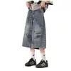 Pantalones Cortos de Mezclilla Finos de Verano para Hombre Estilo Americano Retro Sueltos de Longitud Media Pantalones de Cinco Puntos Versátiles de Calle Tendencia Graffiti