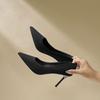 Sapatos Pretos de Salto Stiletto Pontiagudo Femininos 2024 Novos Coreanos de Camurça Salto Alto para Mulheres