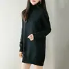 Vestido de tricô de algodão puro com gola alta, estilo casual para mulheres, comprimento médio, suéter, solto, grosso, quente, camada base, vestido justo
