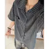 Camisa de Manga Corta con Solapa Gris y Patrón de Espina de Pescado para Hombres y Mujeres, Camisa de Verano con Capas Estilo Old Money, Holgada Casual