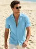 Talla Europea Transfronteriza para Hombre Verano Holgada Casual Transpirable Cuello Solapa Cárdigan Color Sólido Tela Jacquard de Toalla Manga Corta Estilo Americano Camisa
