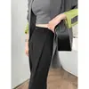 Calça de Terno Feminina Cinza Plus Size para Primavera, Cintura Alta, Emagrecimento, para Mulheres Curvilíneas, Seda Gelo Fluida, Perna Reta, Comprimento Estendido, Calça de Perna Larga Comprimento no Chão