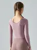 [Estrictamente Seleccionado] Tops de Ropa de Yoga Otoño e Invierno con Almohadillas en el Pecho Adelgazante Pliegues Cruzados Ajustados Manga Larga Ropa Deportiva de Fitness para Mujer