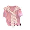 Tejido de Punto con Cuello Redondo y Diseño de Chal Rayado Top de Dos Piezas de Nicho para Mujer Estilo Coreano Casual Camiseta Rejuvenecedora para Mujer