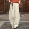 Calça de Linho de Algodão Retrô Cintura Alta Pantalona Feminina Verão Artística Cor Sólida Emagrecedora Algodão Linho Casual Solta Para o Trabalho Drapê Calça Longa