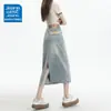 Saia Jeans de Cintura Alta Cor Clara com Fenda Feminina Outono Tendência Versátil Nova Solta Versátil Pequena Linha A Comprimento