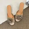Primeiro Encontro Jifa Estilo Francês Elegante Chinelos Fogos de Artifício com Pedras Strass Femininos Verão Bico Redondo Abertos Versáteis Sandálias para Exterior