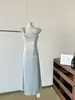 Vestido Azul de Cetim com Alça de Lantejoulas para Mulheres 2026 Novo Estilo Luxo Leve Elegante Vestido de Festa Longo com Embelezamento Pesado de Lantejoulas
