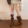 "Preguiçoso Estilo Americano" Botas Plissadas Empilhadas Retrô para Mulheres, Botas Longas Cowboy Ocidental Bico Fino Outono e Inverno, Botas de Montaria de Salto Grosso Meio da Panturrilha