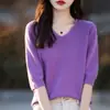 Suéter de punto para mujer con cuello en V y cinco mangas, color liso, manga corta, suéter de punto holgado, capa base, camiseta 25 Otoño Nueva Llegada Primera Línea Listo para usar T