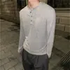 Camiseta de Manga Longa com Gola Henley e Listras Verticais Texturizadas Estilo Old Money para Homens e Mulheres, Leve de Outono, Caimento Solto Maduro, Camisa Básica Tendência de Alta Qualidade