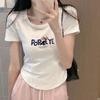 Camiseta de Algodón Puro de Verano para Mujer de Manga Corta Popular en Internet Ins Dulce Chica Picante Ajustada Slim-fit Corta Cintura Estrecha Línea de Espina de Pescado Hombro Top