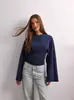 Amazon 2026 Moda Femenina Europea y Americana Transfronteriza Nuevo Color Sólido Cuello Redondo Hombro Normal Manga Ancha Ajustado a la Cintura Sexy Top de Manga Larga