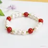 Pulseira Ai Yu de Pérolas Naturais de Água Doce Quase Redondas com Ágata Vermelha para Joias do Ano Zodiacal Feminino Atacado S4110213
