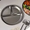 Bandeja de Refeição com Compartimentos de Aço Inoxidável 304 Redonda com Três Compartimentos para Adulto Criança Perda de Peso Controle de Porções Bandeja de Refeição Bandeja de Fast Food Prato de Lanche