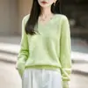 Suéter de punto de lana sin costuras con cuello en V para mujer, otoño e invierno, suéter holgado de manga larga de forro polar, top básico de estilo casual
