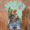 Nuevo top de cuello en V para mujer, nueva camiseta de manga corta con estampado floral y de pájaros estilo chino, diseño único, moda nicho estilo coreano ajustada para chicas a la moda