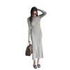 Vestido Largo de Punto de Manga Larga Adelgazante con Hilo Core-Spun, Vestido Largo Casual a Rayas Irregulares con Ceñidor en la Cintura para Mujer, de Cintura Alta y Adelgazante