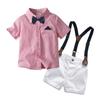 Processamento e personalização de camisas de verão para meninos, ternos de gravata borboleta estilo britânico, macacões de gravata borboleta para meninos