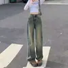 Jeans Anchos Vintage Azules Desgastados para Mujer, Estilo High Street Americano, Pantalones Adelgazantes con Efecto de Caída, Pantalones Rectos de Largo Completo