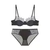 Lencería estilo francés para mujer, satén de algodón fino sexy con ribete de encaje de pestañas, sujetador push-up suave con aros para busto pequeño