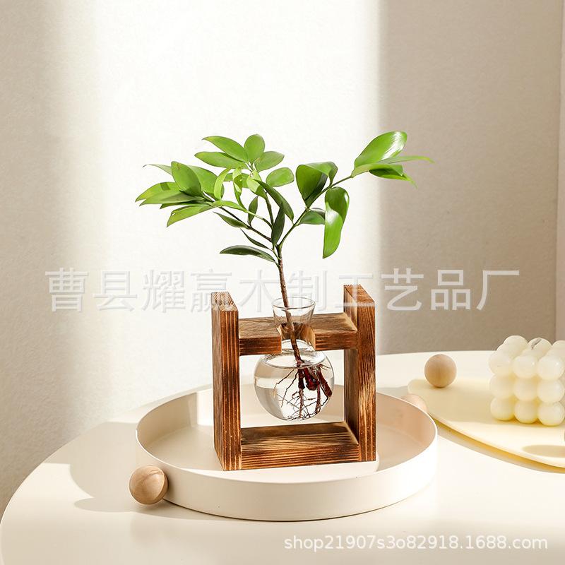 创意松木架水培小花瓶ins绿萝植物玻璃瓶居家客厅办公桌面摆件