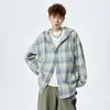 Camisa de Manga Larga con Capucha a Cuadros Estilo Retro Americano para Mujer, Camisa con Capucha Holgada de Marca de Moda Otoñal, Top Casual de Abrigo