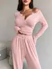 Calça de Outono e Inverno Europeia e Americana Transfronteiriça Curta Slim Sexy Decote V Manga Longa Perna Larga Bolso com Aba Terno Casual Tendência Feminino