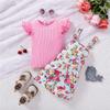 Samgami Baby Roupa Infantil Transfronteiriça Verão Moda Infantil Blusa Manga Voadora Floral Shorts Suspensoras Conjunto para Meninas