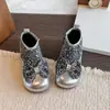 Botas de Cuero con Lazo de Lentejuelas para Niñas Estilo Nuevo Otoño/Invierno Suela Suave Botines Tobilleros de Princesa 3-8 Años Moda Infantil Botas Plateadas