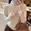 Nuevo Suéter de Punto para Mujer Otoño/Invierno 2026, Cuello Alto Medio, Corte Ajustado, Manga Larga, con Adorno de Encaje y Detalle de Lazo