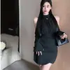 Vestido Largo de Manga Larga Negro Cruzado Primavera y Verano, Femenino y Puro, Estilo Sexy, Ceñido a la Cintura, Fruncido, Falda Corta que se Ajusta a la Cadera