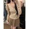 538 # Toma Real de Algodón Puro de 40 Hilos (92% Algodón/8% Elastano) Camiseta de Manga Larga para Mujer Otoño 2026 con Cuello en V y Botones
