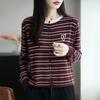 Cardigan de Lã Penteada com Seda, Gola Redonda, Tricotado, Manga Longa, Listrado, Bordado de Coração, Feminino, Novo Outono de 2025