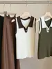 Suéter colete de tricô com gola polo bicolor para mulheres, moda coreana de outono, versátil, justo, sem mangas