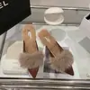 Pantuflas Peludas de Otoño para Mujer, Modernas y Forradas de Felpa, Zapatos de Mujer de Invierno de Tacón Fino Semi-Cubiertos, Tacones Altos, Mocasines de Moda para Exteriores, Estilo Elegante